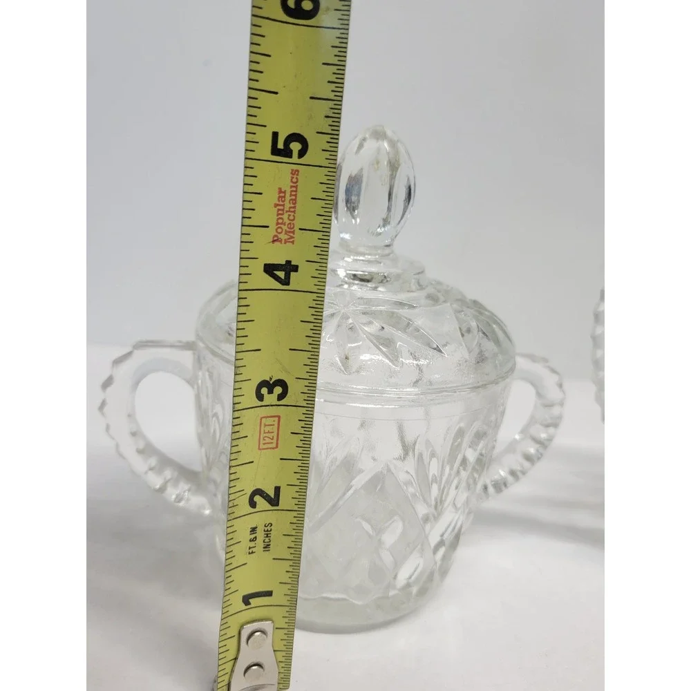 Vintage Clear Pressed Glass Creamer and‎ Lidded Sugar Bowl Set Sunburst Diamond